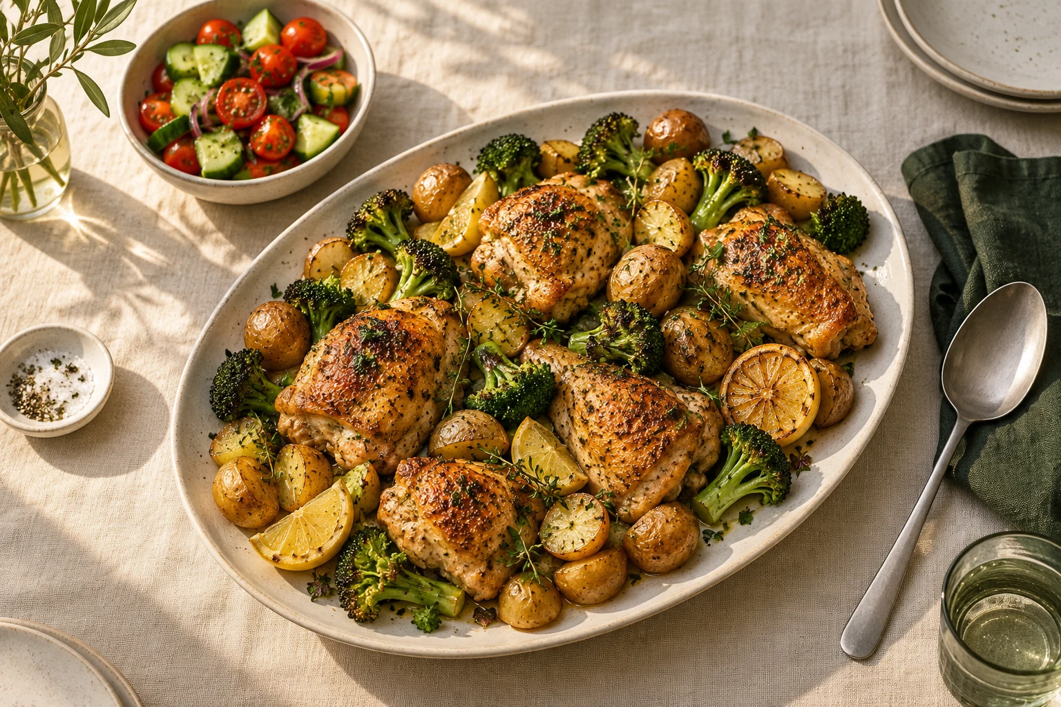 Roast chicken, golden potatoes and green vegetables on a ceramic platter, with a fresh tomato and cucumber salad.